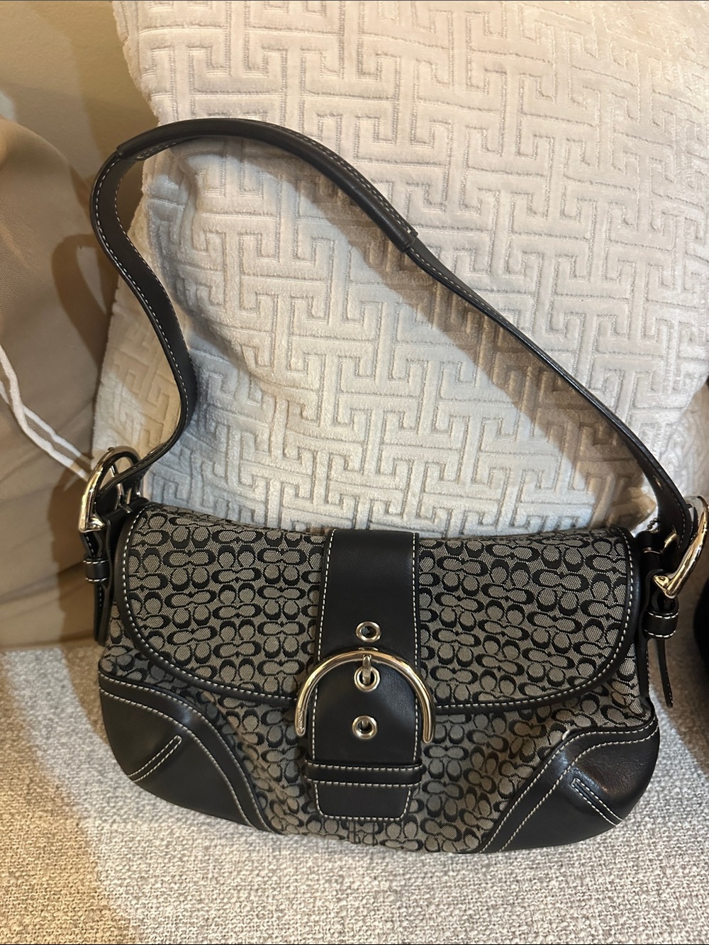 Coach Black and Gray Signature Shoulder Bag with Buckle
